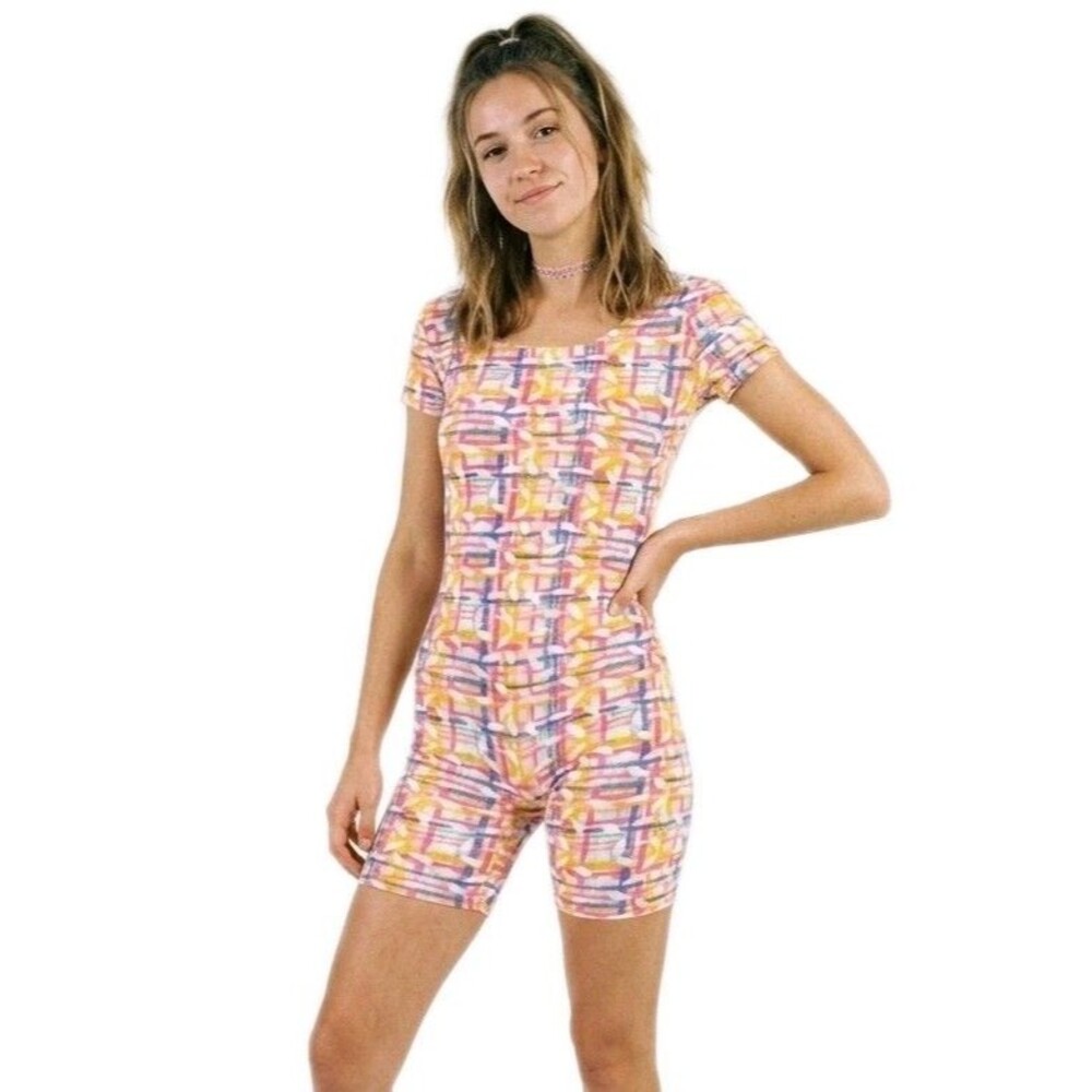 Gilda Marx VTG 90s Pink Purple Petal Plaid Cotton Biketard Singlet Y/J, Adult XS